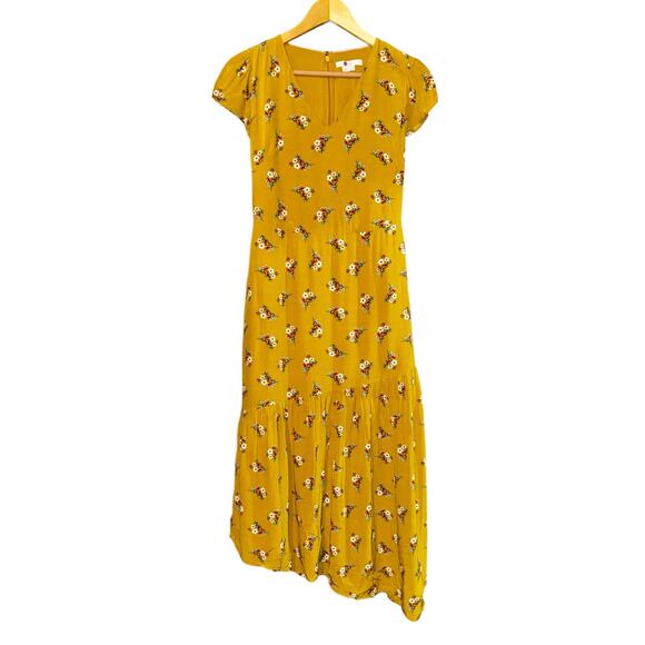Boden Amee Midi Dress Asymmetrical Ruffle Floral Womens Sz 4 Cottagecore Mustard - Picture 2 of 13